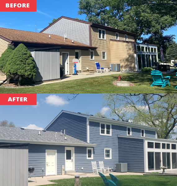 Before and after of a roof replacement project
